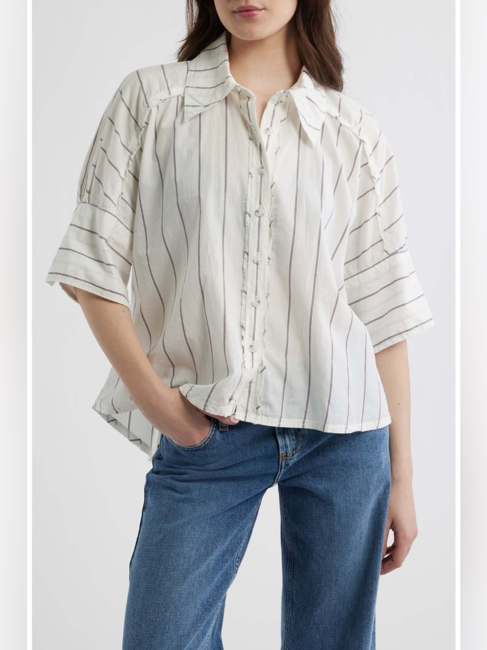 Free People Seaside Stripe Cotton Shirt in Ivory